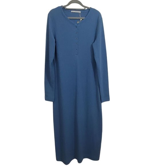 Peruvian Connection Waffle Henley Maxi Dress Steel Blue Casual NWT Size Large - Picture 2 of 10